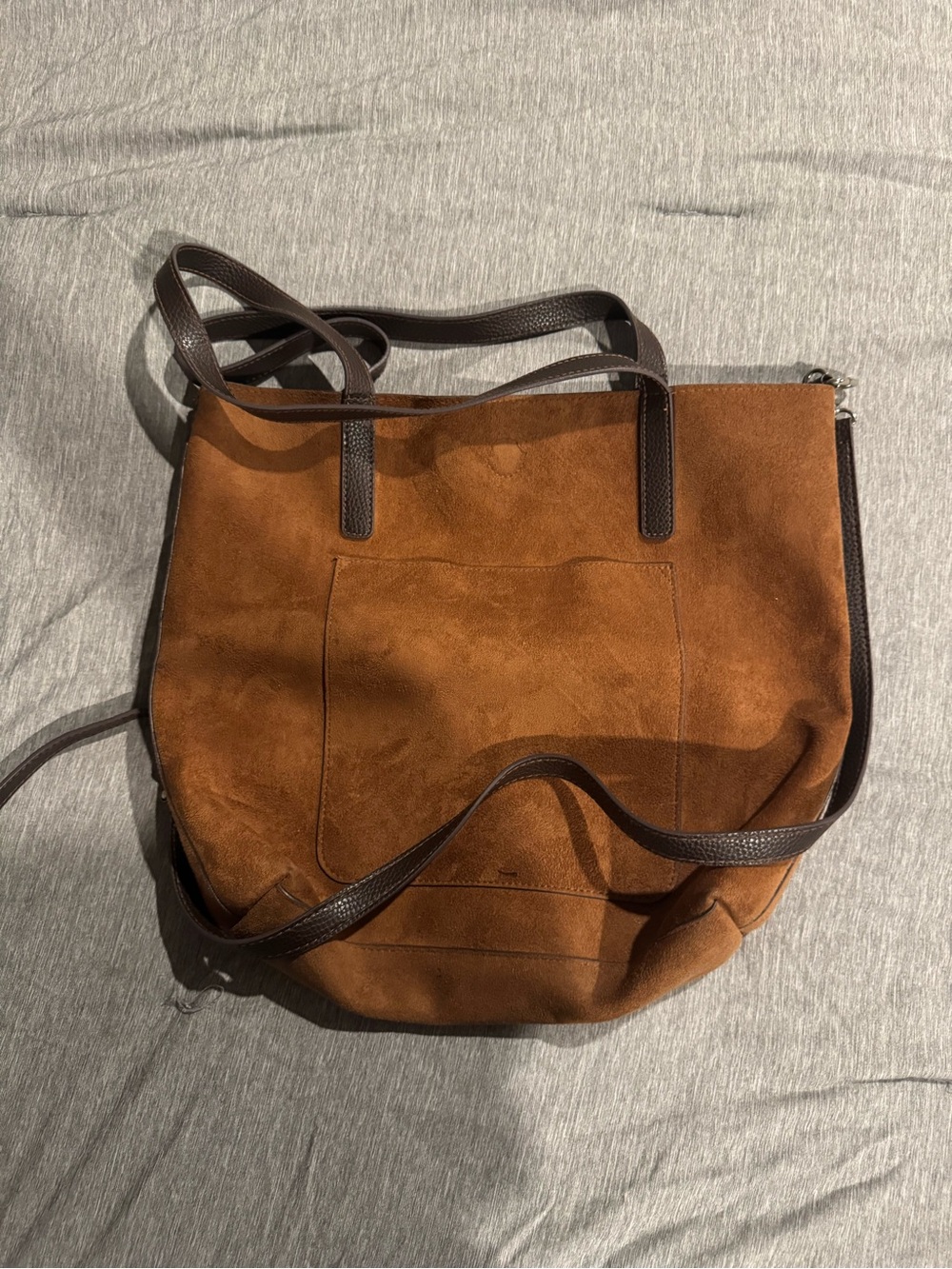 Suede Shoulder Tote in Brown with Dark Trim